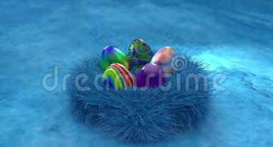 五颜六色的复活节彩蛋，庆祝，节日，复活节彩蛋横幅循环视频。 由玻璃和发光反光材料制成的鸡蛋